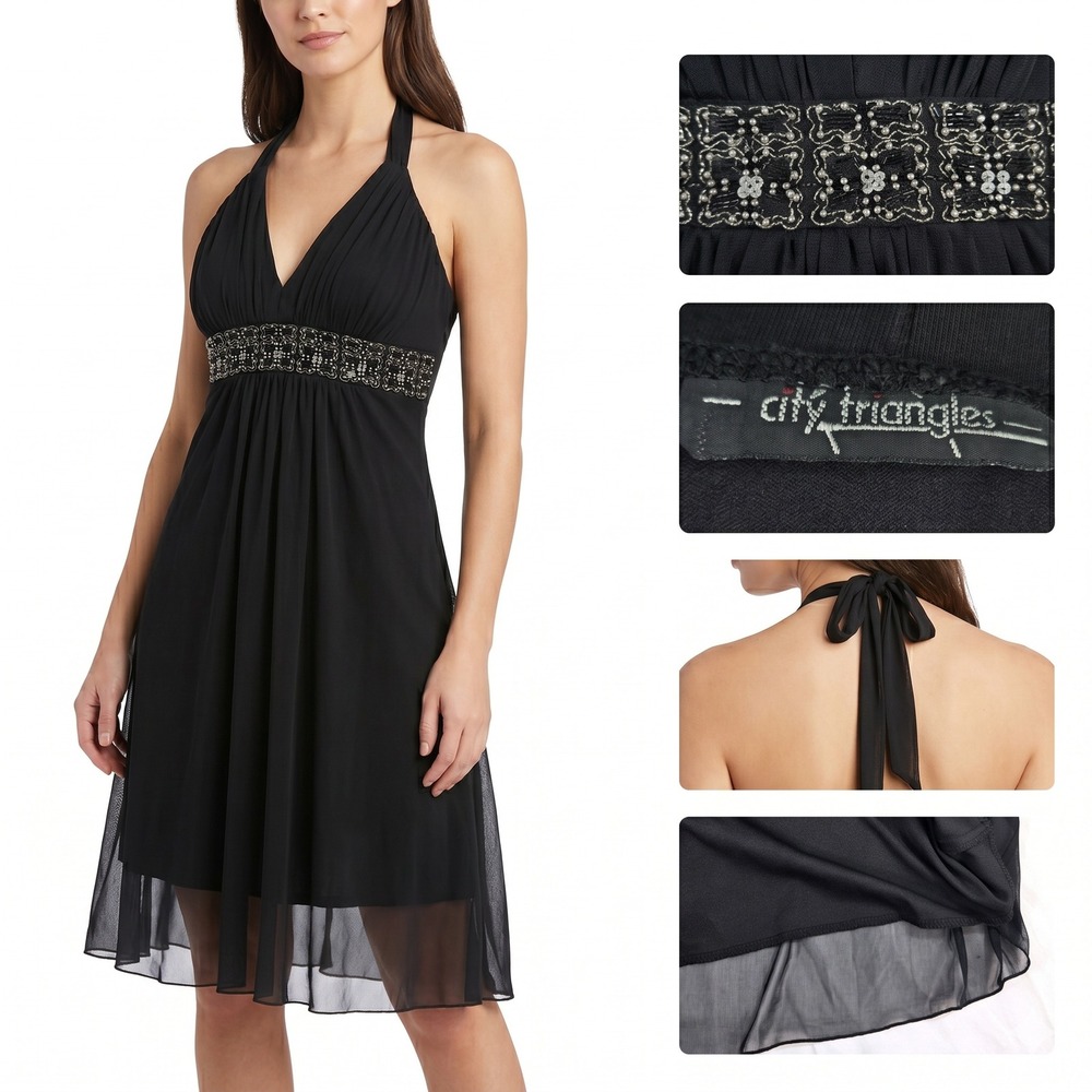 Vintage City Triangles Beaded Empire Waist Halter Dress Black Mesh Y2K Size S